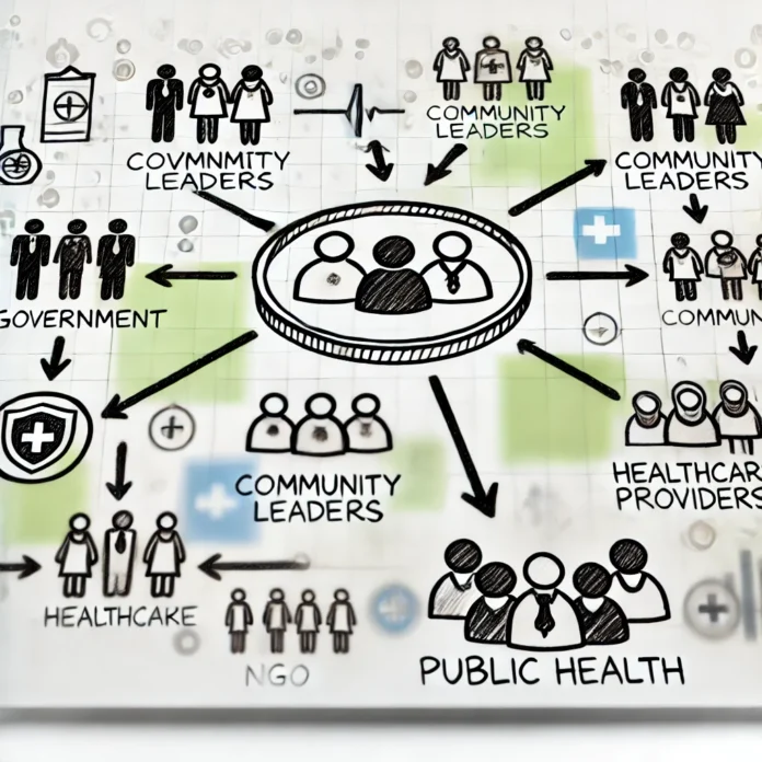 DALL·E 2024-08-15 22.08.22 - A detailed illustration showing stakeholder management in public health. The image depicts interconnected groups such as government, community leaders