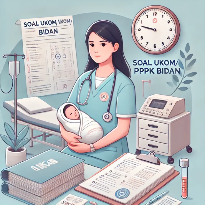 DALL·E 2024-09-05 11.44.52 - A professional and organized illustration titled 'SOAL UKOM_SKB_PPPK BIDAN' for a midwifery exam or competency test preparation material. The image sh